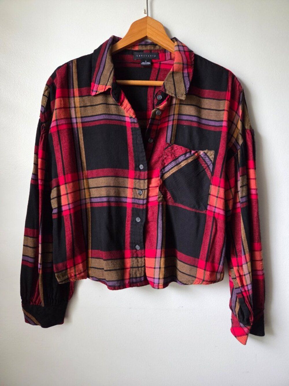 EUC SANCTUARY PLAID SOFT BUTTONED SHIRT BALLOON SLEEVES SIZE S